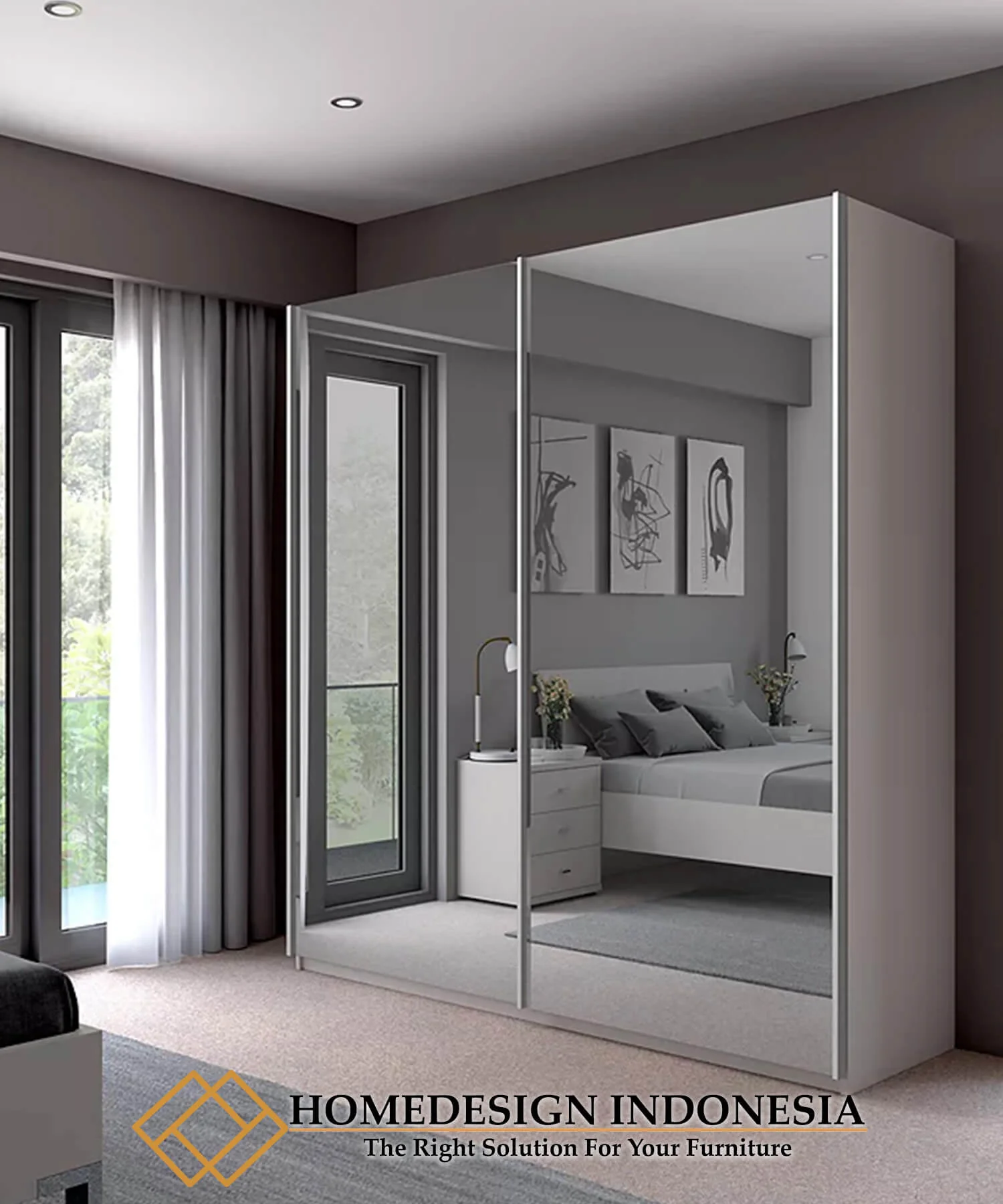 Lemari Pakaian Minimalis Pintu Sliding Full Kaca Terbaru HD-0059