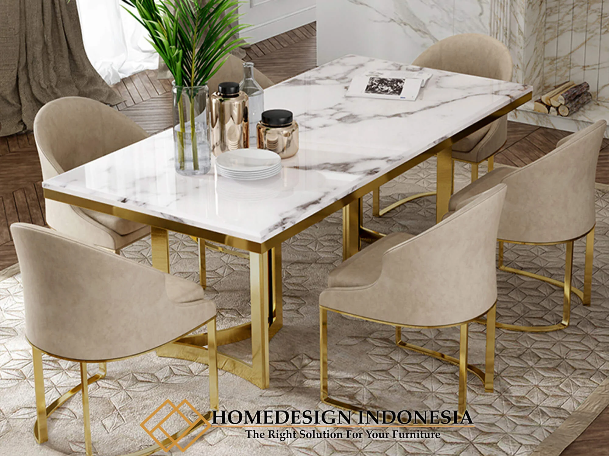 Meja Makan Minimalis Stainless Top Marble Luxury HD-0099