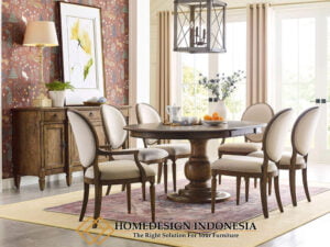 Set Meja Makan Minimalis Bundar Kayu Jati Natural HD-0274