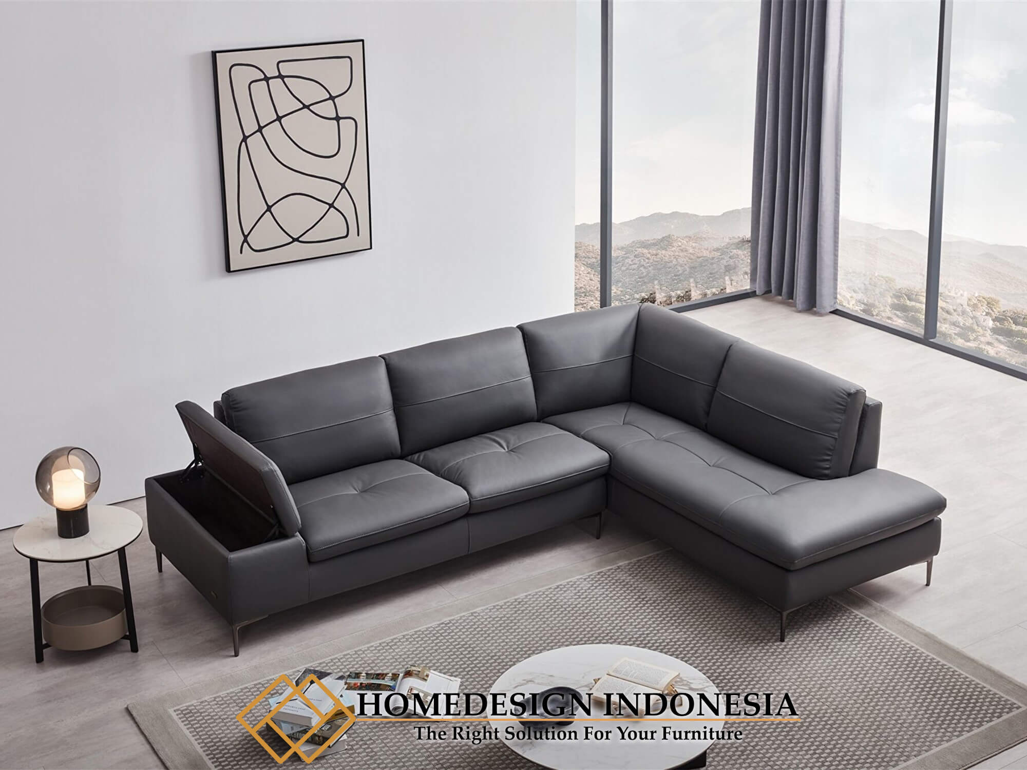 Set Sofa Sudut Minimalis Black Leather Luxury Style HD-0161