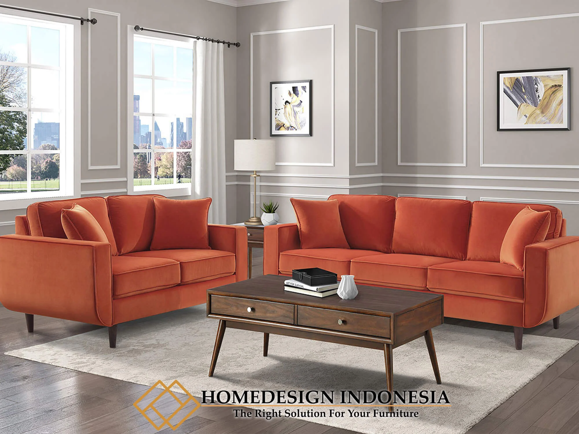 Set Sofa Tamu Minimalis New Salamander Orange Fabric HD-0241