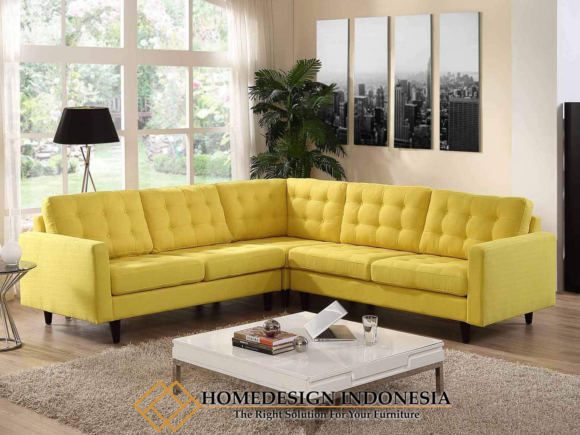 Sofa Tamu L Minimalis Yellow Bright Fabric Upholstery HD-0233