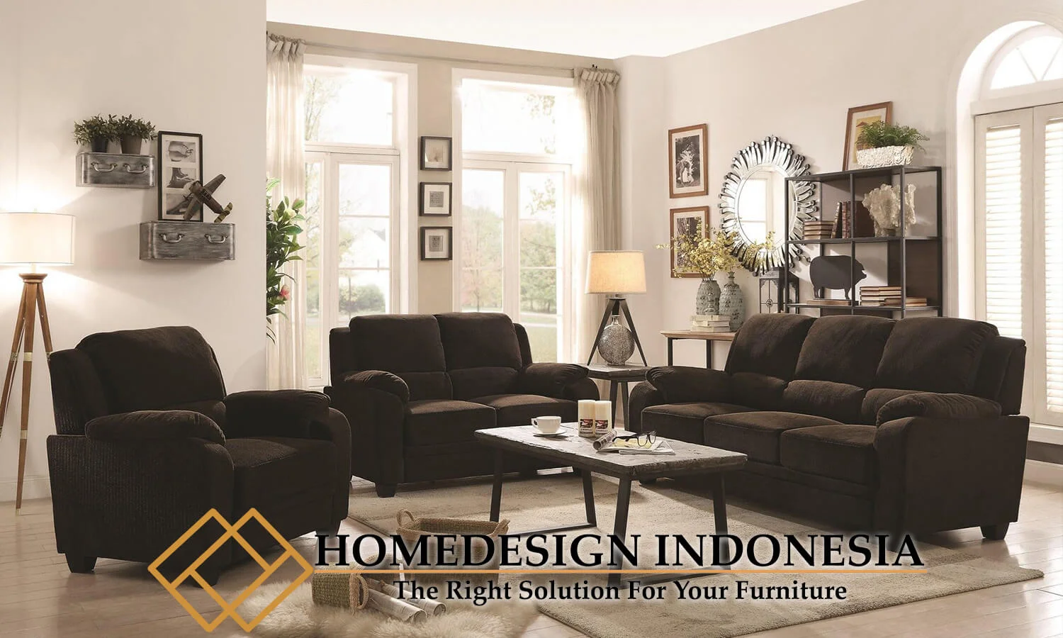 Set Sofa Tamu Minimalis Soft Fabric Chocolate Color HD-0628
