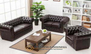 Set Sofa Tamu Chesterfield Minimalis Elegant Brown Leather HD-0770