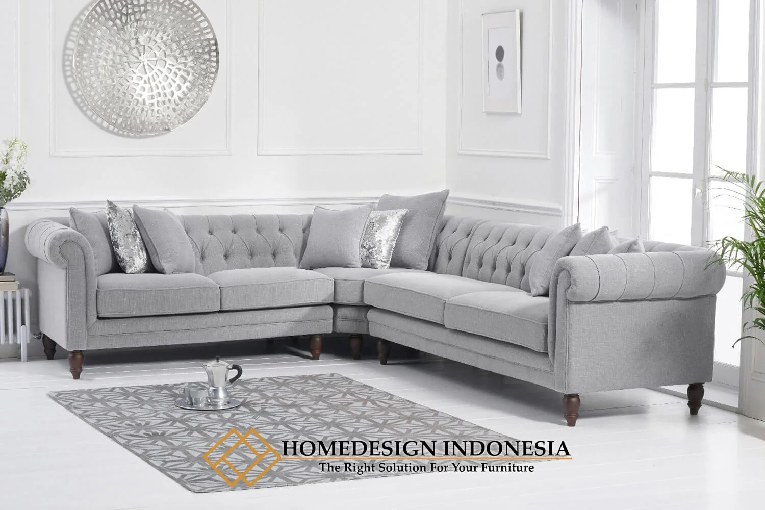 Sofa Sudut Minimalis Chester Style Elegant Grey Bludru Fabric HD-0890