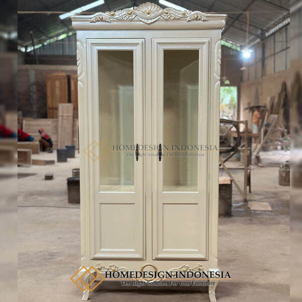 Lemari Hias Mewah Terbaru Luxury White Duco Elegant Carving HD-57