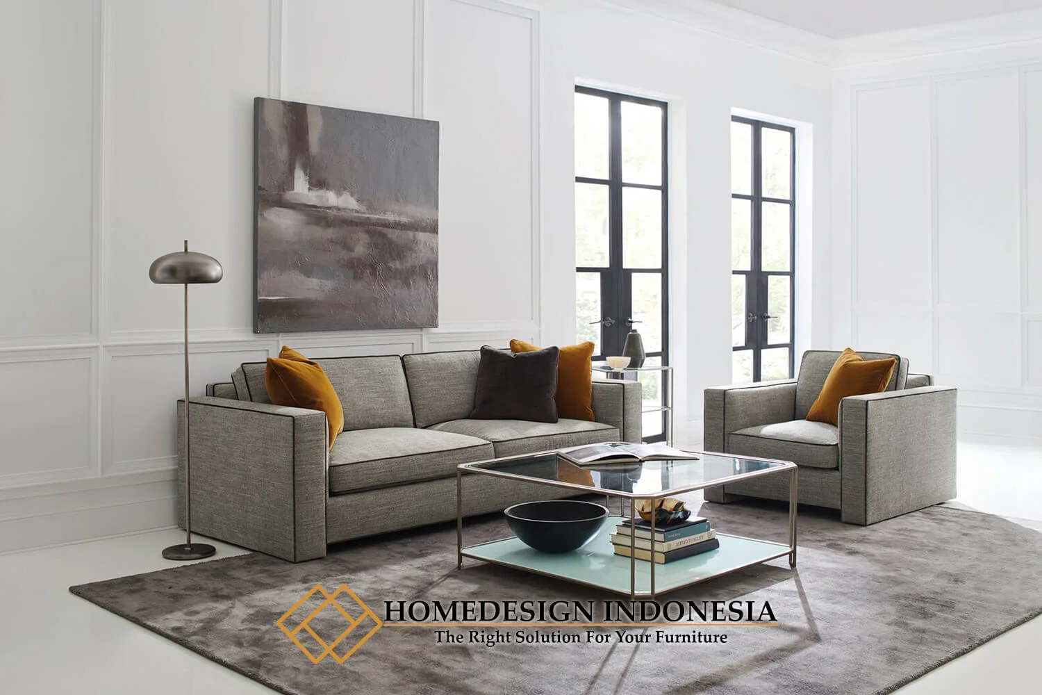 Sofa Tamu Minimalis Elegant Full Fabric Grey Color HD-0978