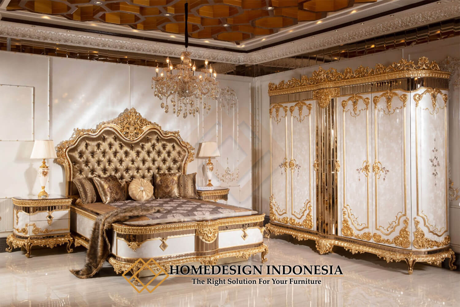 Tempat Tidur Mewah Klasik Ukiran Golden Leaf Luxurious Style HD-1491