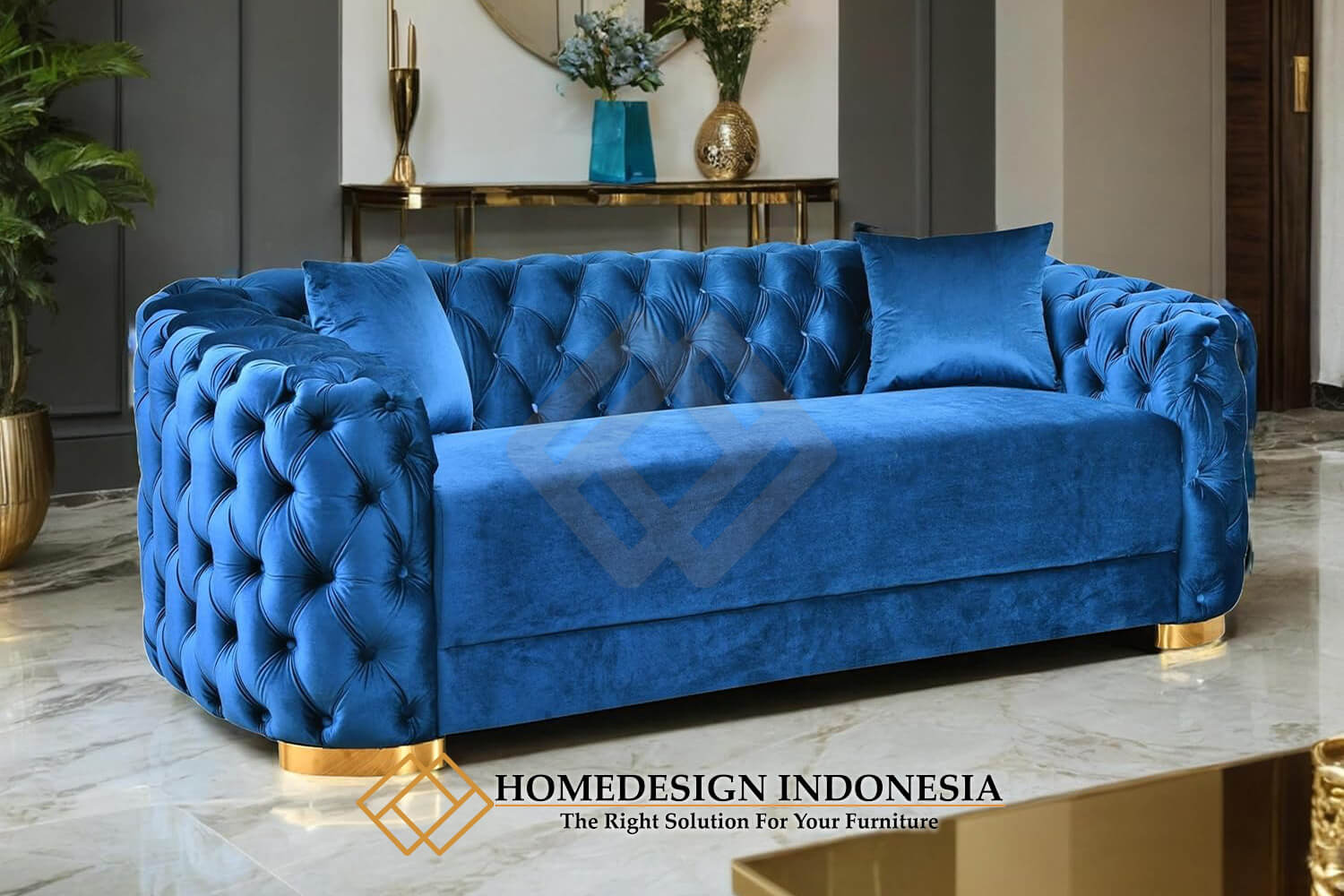 Sofa Chesterfield Minimalis Modern Blue Light Fabric HD-1609.1