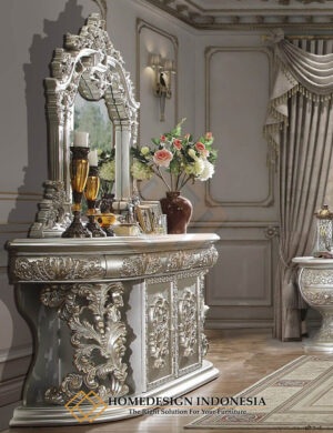 Meja Konsul Mewah Silver Champagne Ukiran Relief HD-1769