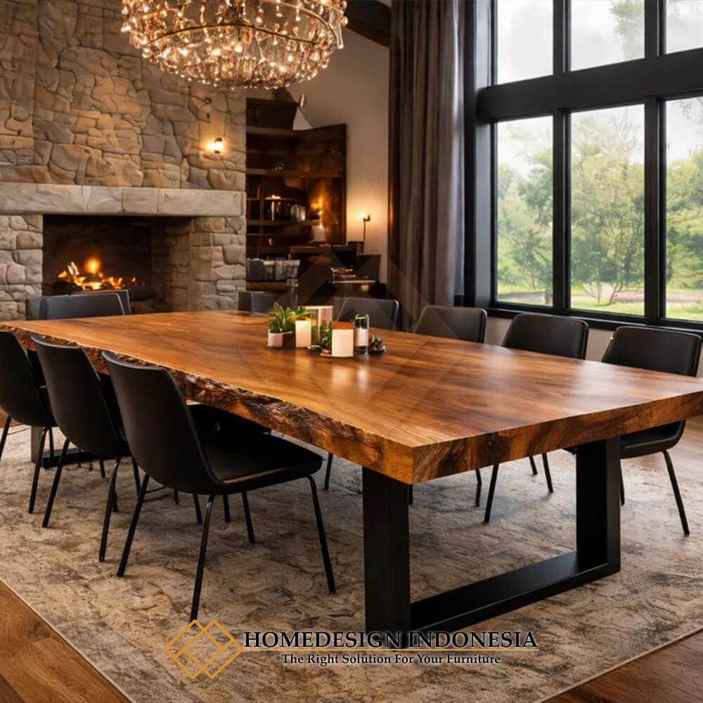 Meja Makan Kayu Trembesi Sisi Alami Natural Walnut HD-1732