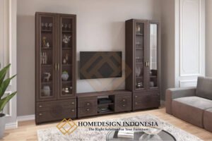 Set Meja TV Mewah Minimalis Kayu Jati Natural Walnut Anggun HD-1886