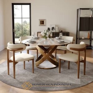 Meja Makan Bundar Minimalis Modern Style Top Marble Carara HD-1991