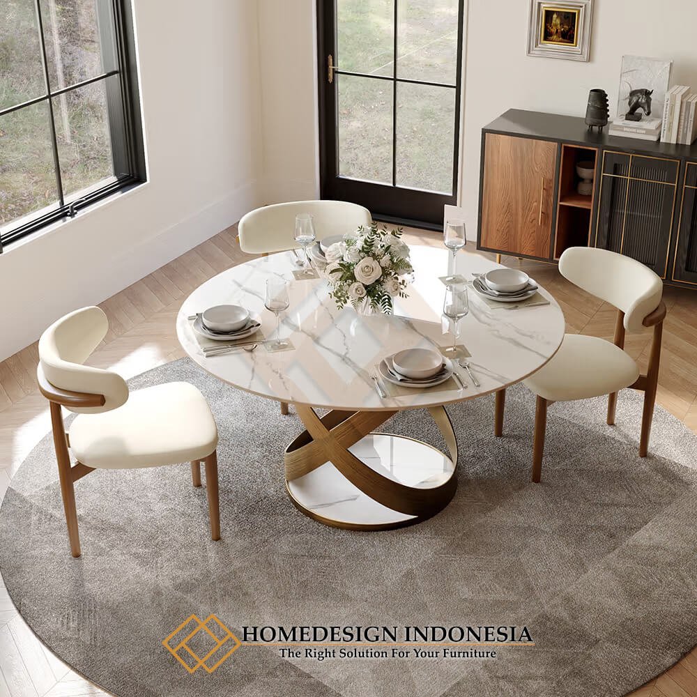 Meja Makan Bundar Minimalis Modern Style Top Marble Carara HD-1991.1
