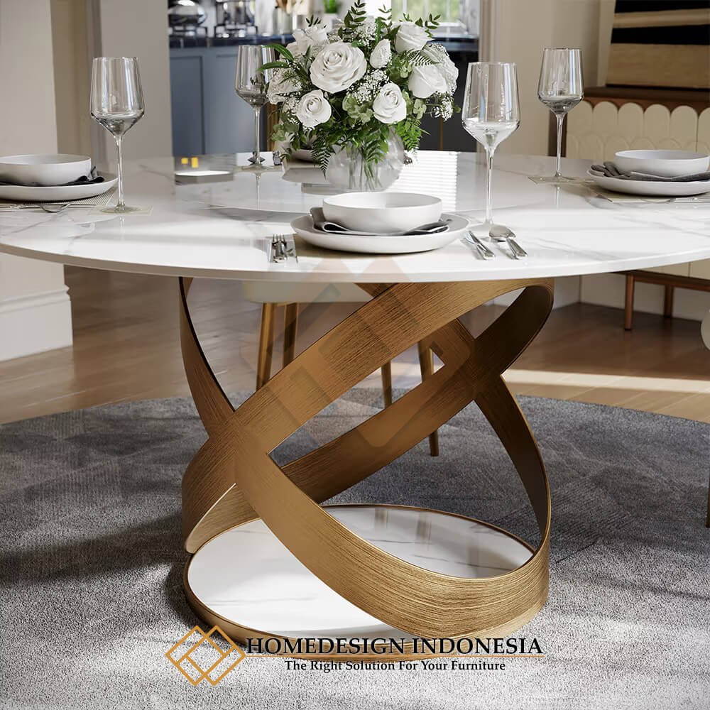 Meja Makan Bundar Minimalis Modern Style Top Marble Carara HD-1991.2