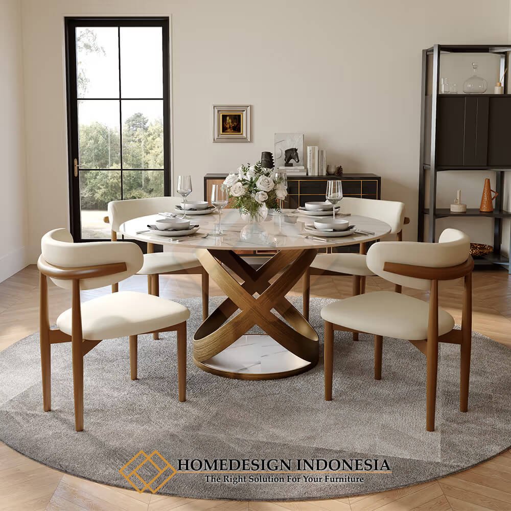 Meja Makan Bundar Minimalis Modern Style Top Marble Carara HD-1991