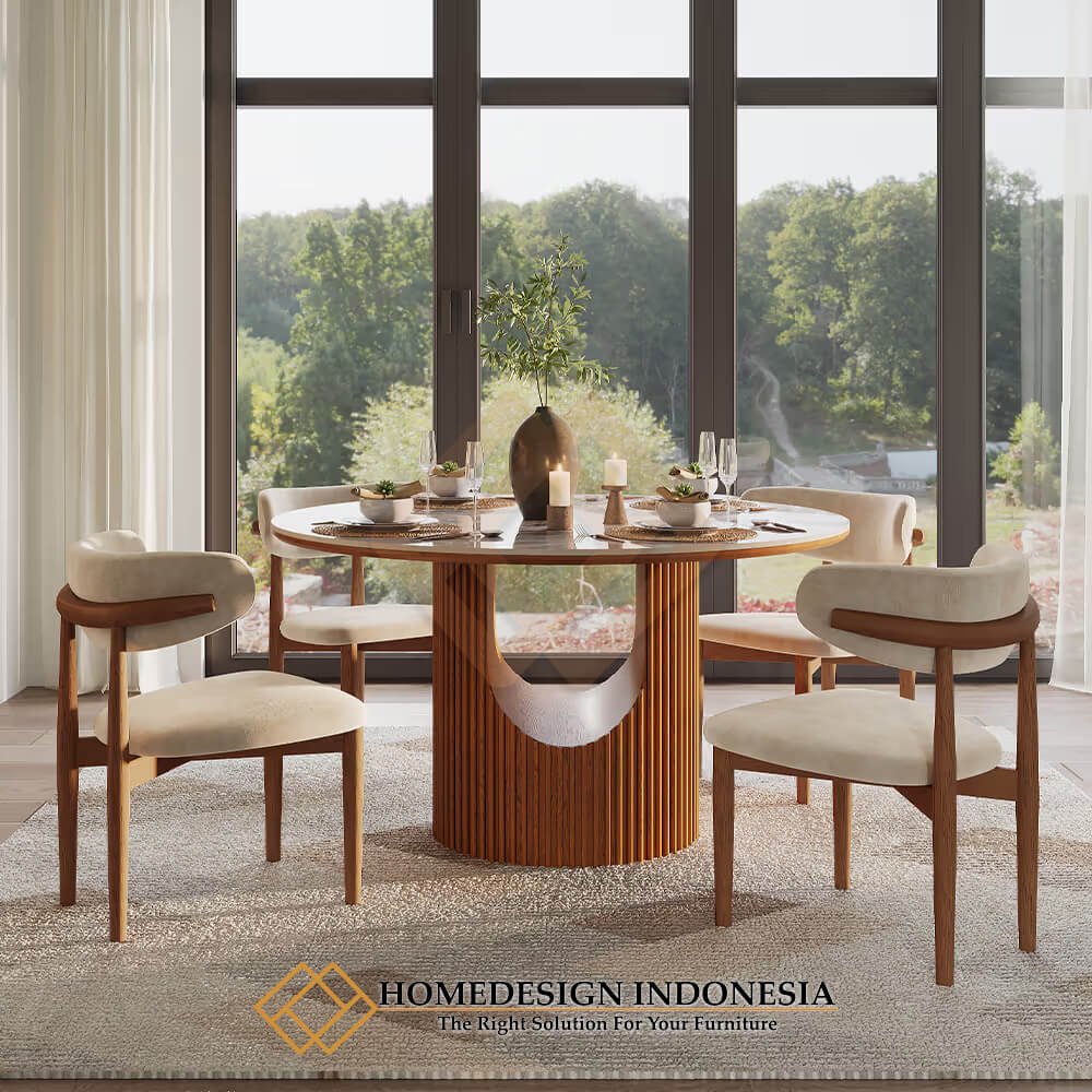 Meja Makan Minimalis Bundar Natural Solid Premium Teak HD-1990